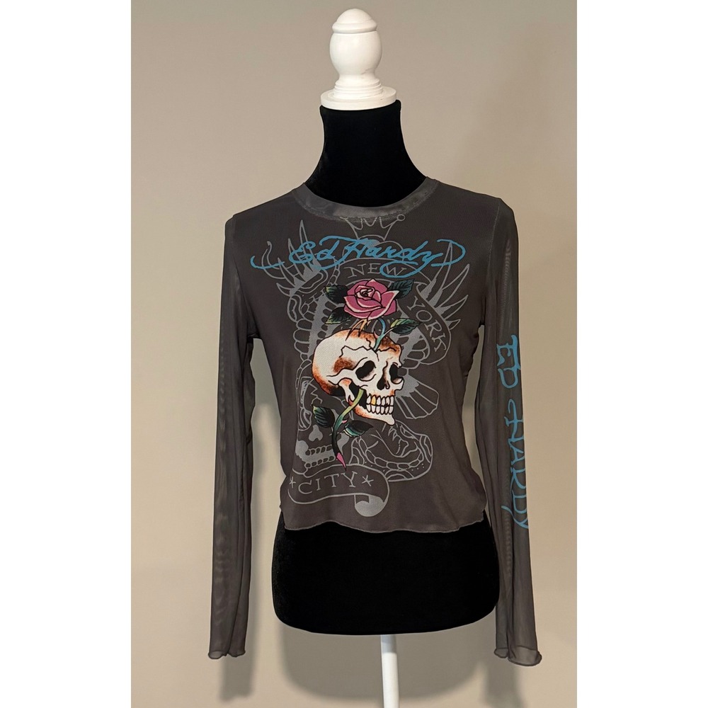 Ed Hardy Mesh Graphic Top Womens Large Y2K Skull Rose Tattoo Sheer Long Sleeve